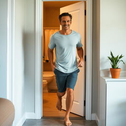 A man in mid-step, approaching a bathroom door, showcasing a relaxed demeanor