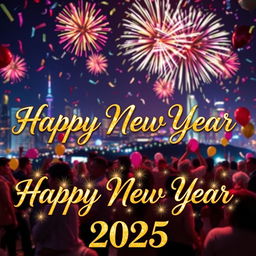 A festive and colorful New Year celebration scene featuring fireworks in the night sky, confetti falling, and a vibrant cityscape in the background
