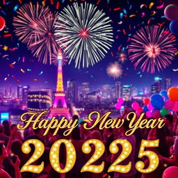 A festive and colorful New Year celebration scene featuring fireworks in the night sky, confetti falling, and a vibrant cityscape in the background