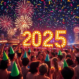 A vibrant and festive scene celebrating the New Year 2025