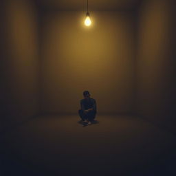 In a solitary, dimly lit room, a single light bulb illuminates the space, casting soft shadows in every corner