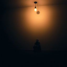 In a solitary, dimly lit room, a single light bulb illuminates the space, casting soft shadows in every corner