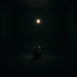 In a solitary, dimly lit room, a single light bulb illuminates the space, casting soft shadows in every corner
