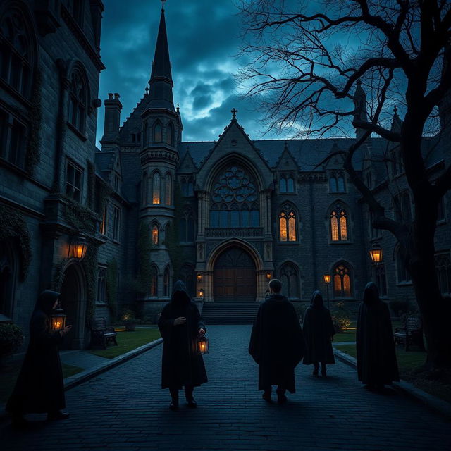 A mysterious university campus reminiscent of cinematic visuals, featuring sprawling gothic architecture with dark stone facades and intricate details, overgrown ivy creeping up the walls