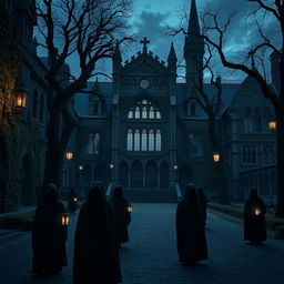 A mysterious university campus reminiscent of cinematic visuals, featuring sprawling gothic architecture with dark stone facades and intricate details, overgrown ivy creeping up the walls