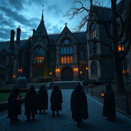 A mysterious university campus reminiscent of cinematic visuals, featuring sprawling gothic architecture with dark stone facades and intricate details, overgrown ivy creeping up the walls