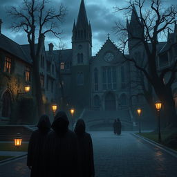 A mysterious university campus reminiscent of cinematic visuals, featuring sprawling gothic architecture with dark stone facades and intricate details, overgrown ivy creeping up the walls