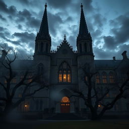 An imposing, mysterious university campus at twilight, with grand gothic architecture featuring tall spires and intricate stone carvings