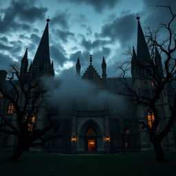 An imposing, mysterious university campus at twilight, with grand gothic architecture featuring tall spires and intricate stone carvings