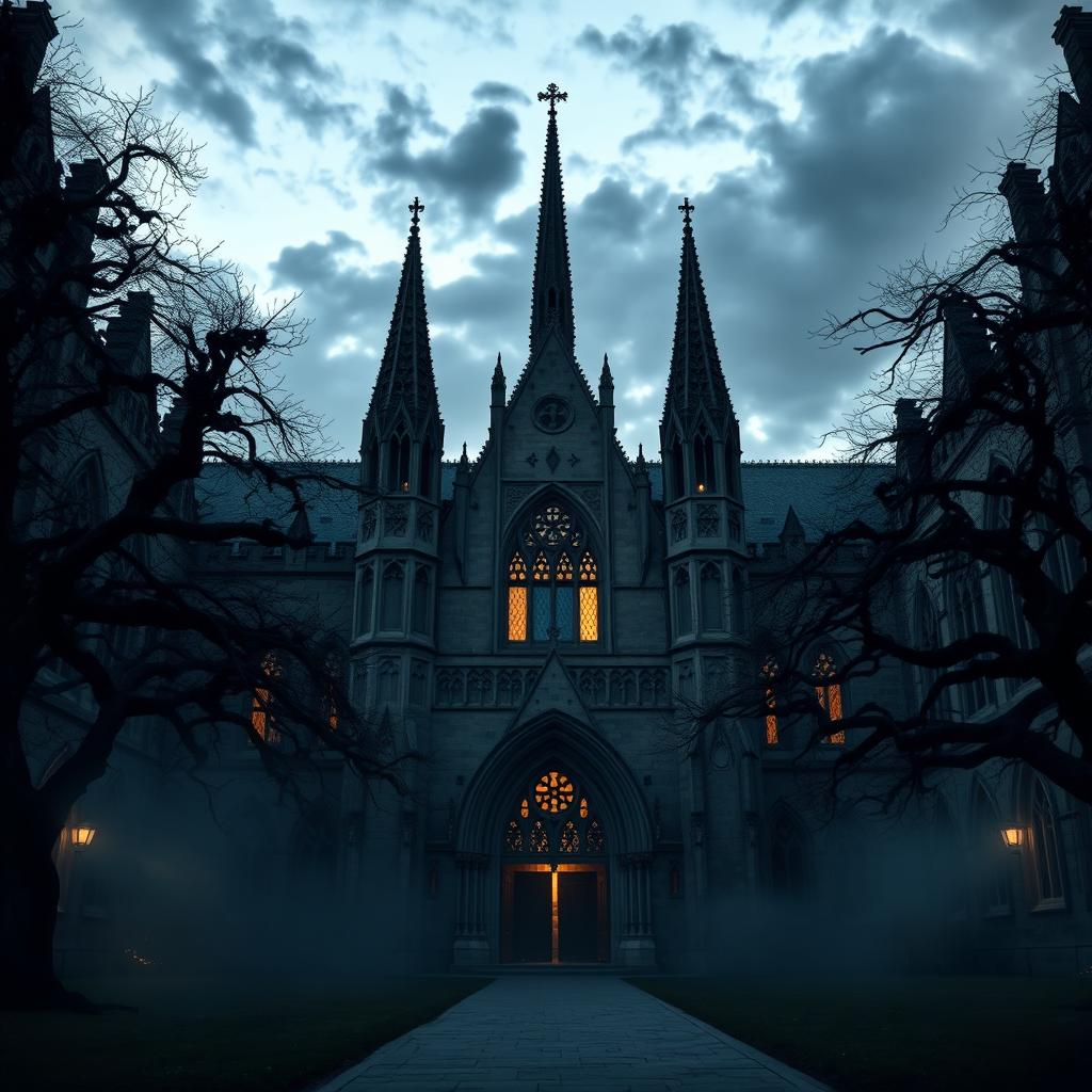 An imposing, mysterious university campus at twilight, with grand gothic architecture featuring tall spires and intricate stone carvings