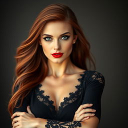 A beautiful portrait of a confident, stylish woman with long flowing auburn hair, wearing a chic black dress adorned with delicate lace detailing