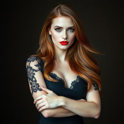 A beautiful portrait of a confident, stylish woman with long flowing auburn hair, wearing a chic black dress adorned with delicate lace detailing