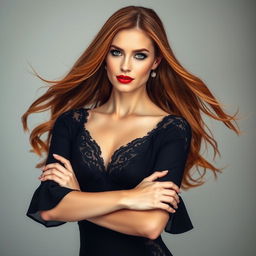 A beautiful portrait of a confident, stylish woman with long flowing auburn hair, wearing a chic black dress adorned with delicate lace detailing
