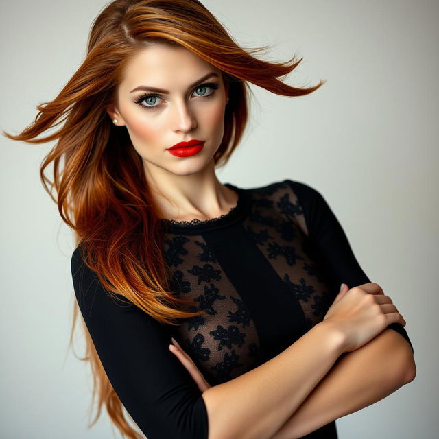 A beautiful portrait of a confident, stylish woman with long flowing auburn hair, wearing a chic black dress adorned with delicate lace detailing