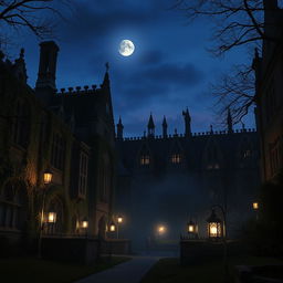 A mysterious, atmospheric university campus at dusk, with ancient stone buildings covered in ivy, dimly lit lanterns casting soft glows, fog creeping through the air, and trees swaying gently in the breeze