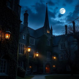 A mysterious, atmospheric university campus at dusk, with ancient stone buildings covered in ivy, dimly lit lanterns casting soft glows, fog creeping through the air, and trees swaying gently in the breeze