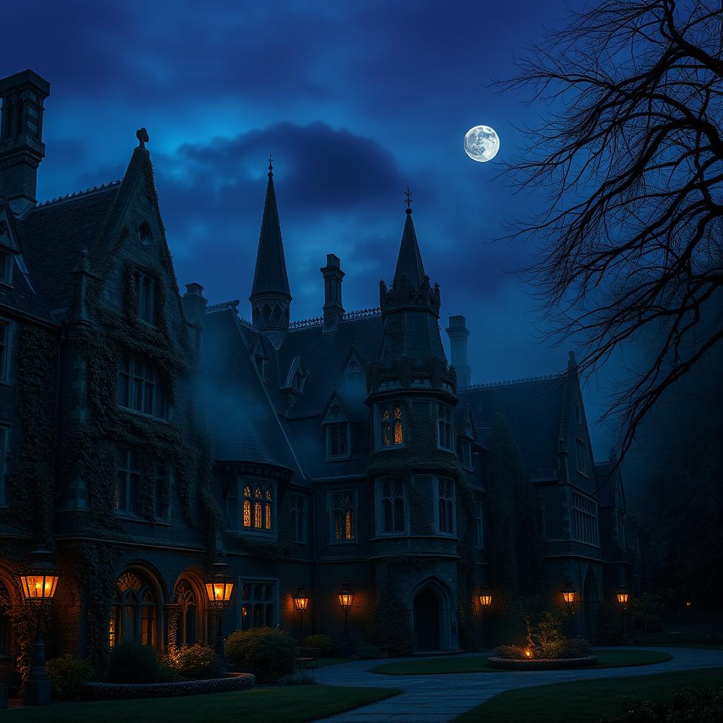 A mysterious, atmospheric university campus at dusk, with ancient stone buildings covered in ivy, dimly lit lanterns casting soft glows, fog creeping through the air, and trees swaying gently in the breeze