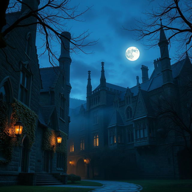 A mysterious, atmospheric university campus at dusk, with ancient stone buildings covered in ivy, dimly lit lanterns casting soft glows, fog creeping through the air, and trees swaying gently in the breeze