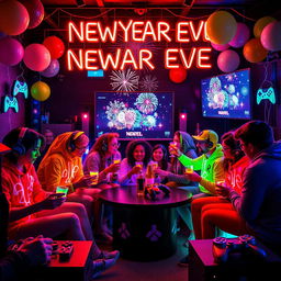 A vibrant New Year's Eve celebration scene designed with a gaming theme, featuring diverse gamers gathered around, playing video games on different consoles