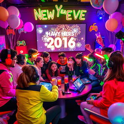 A vibrant New Year's Eve celebration scene designed with a gaming theme, featuring diverse gamers gathered around, playing video games on different consoles