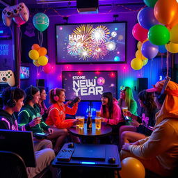 A vibrant New Year's Eve celebration scene designed with a gaming theme, featuring diverse gamers gathered around, playing video games on different consoles