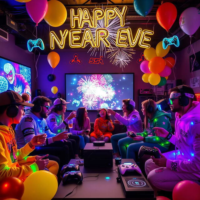 A vibrant New Year's Eve celebration scene designed with a gaming theme, featuring diverse gamers gathered around, playing video games on different consoles