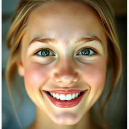 A beautiful and expressive human face, showcasing a mix of emotions: joy, curiosity, and serenity