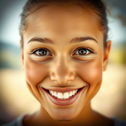 A beautiful and expressive human face, showcasing a mix of emotions: joy, curiosity, and serenity