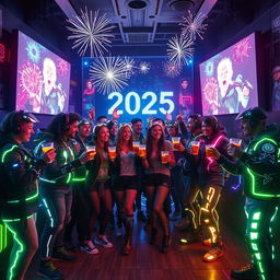A futuristic New Year's Eve celebration scene set in 2025, themed around gaming culture