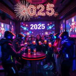 A futuristic New Year's Eve celebration scene set in 2025, themed around gaming culture
