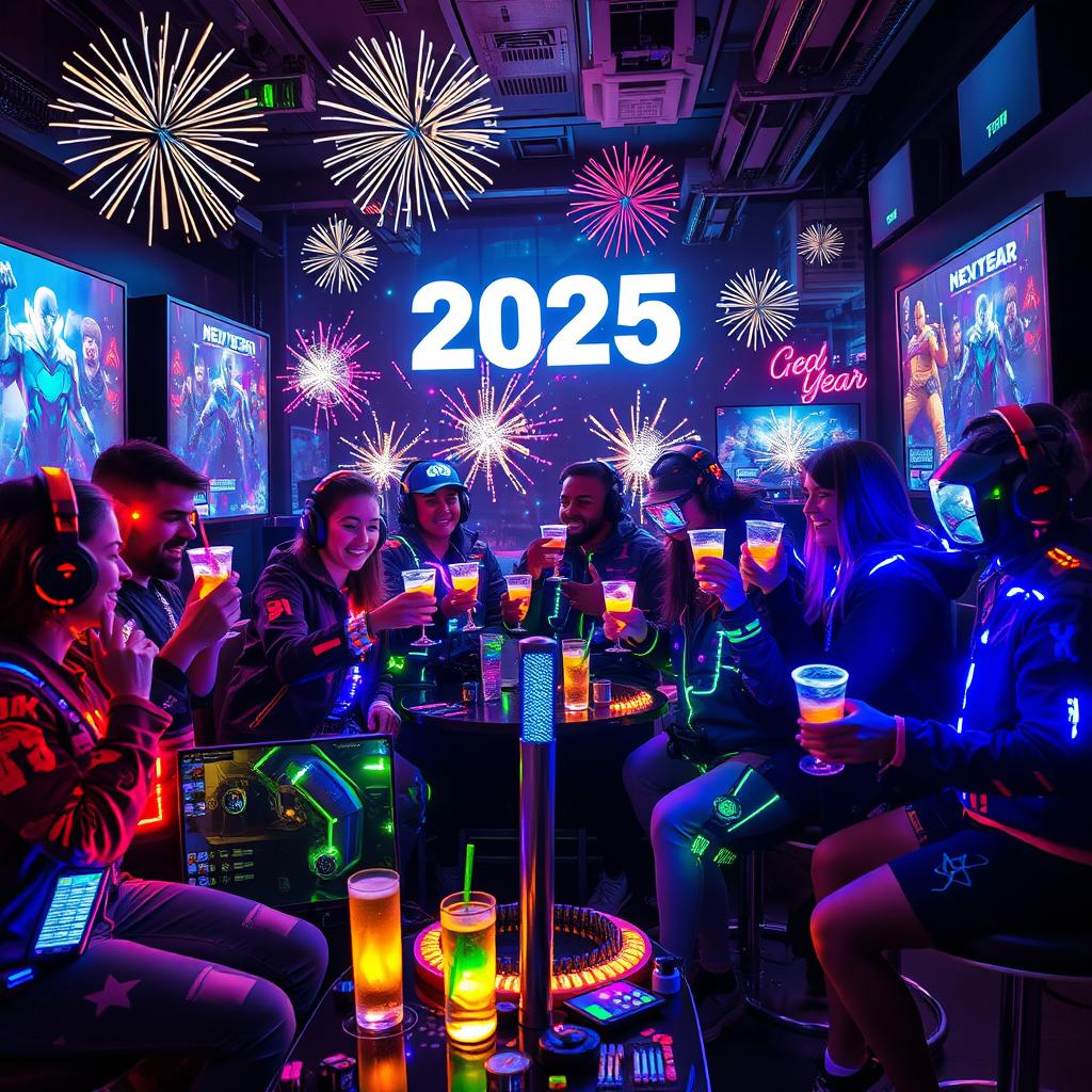 A futuristic New Year's Eve celebration scene set in 2025, themed around gaming culture