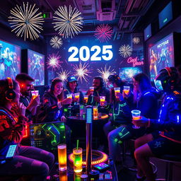 A futuristic New Year's Eve celebration scene set in 2025, themed around gaming culture