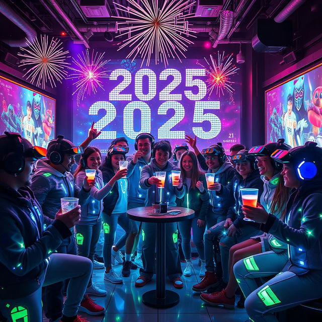 A futuristic New Year's Eve celebration scene set in 2025, themed around gaming culture