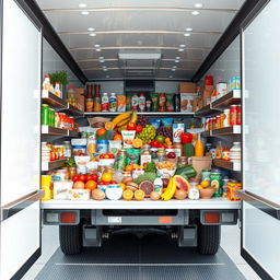 A visually striking scene depicting 100 colorful and assorted food items neatly packed inside a refrigerated truck