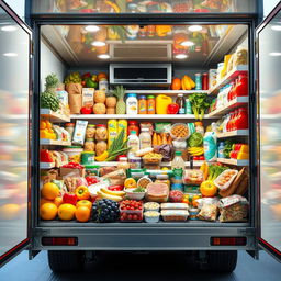 A visually striking scene depicting 100 colorful and assorted food items neatly packed inside a refrigerated truck