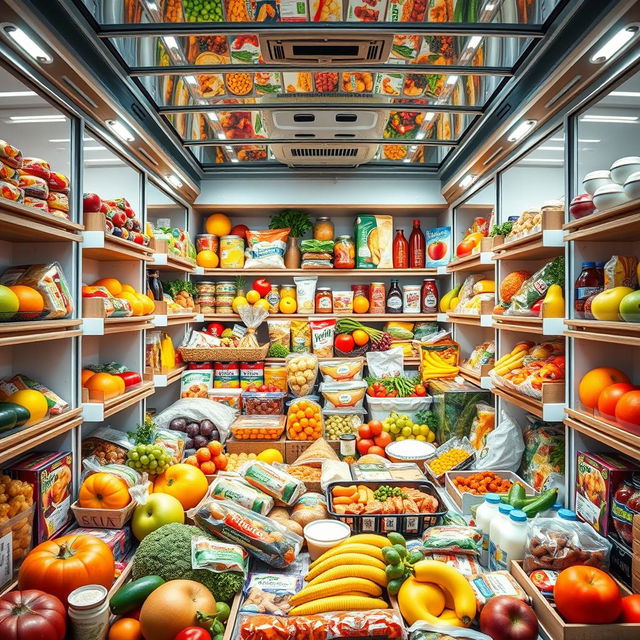 A visually striking scene depicting 100 colorful and assorted food items neatly packed inside a refrigerated truck