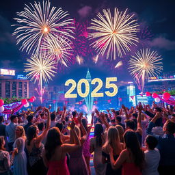 A stunning celebration scene showcasing a vibrant New Year's Eve party welcoming 2025