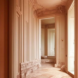 Generate an interior image featuring a beautiful neoclassical design within a room having unique, crooked walls.