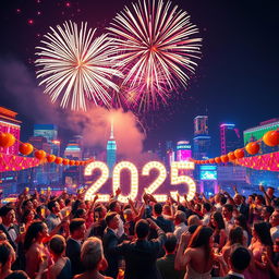 A stunning celebration scene showcasing a vibrant New Year's Eve party welcoming 2025