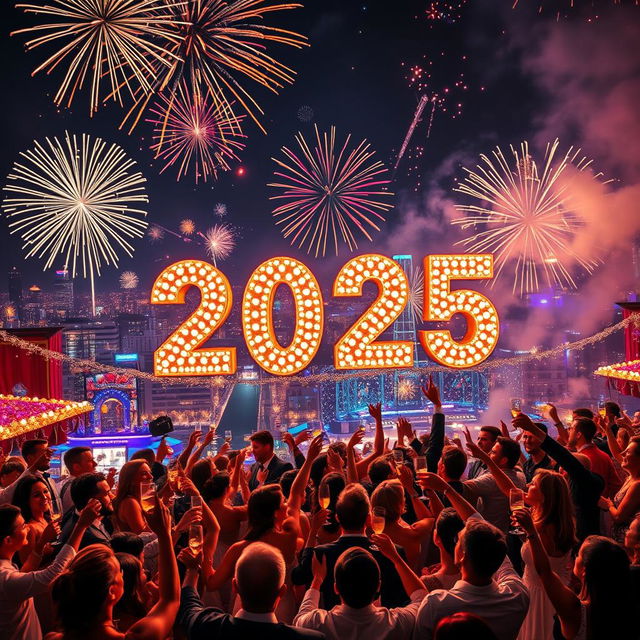 A stunning celebration scene showcasing a vibrant New Year's Eve party welcoming 2025