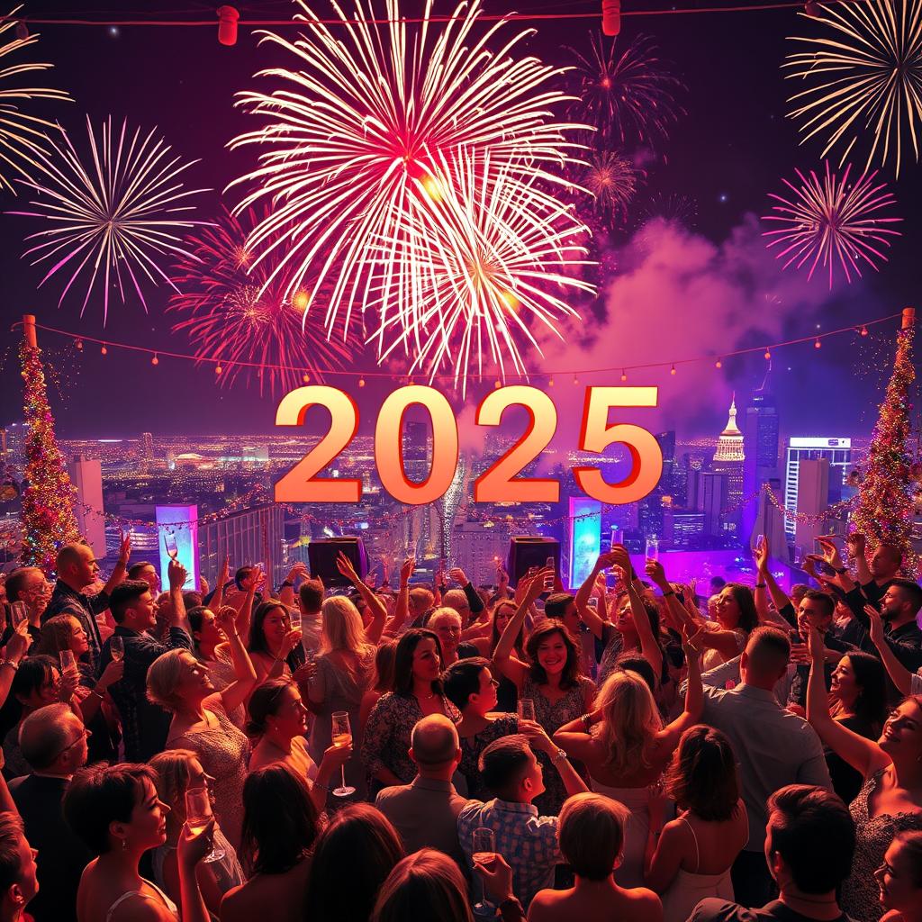 A stunning celebration scene showcasing a vibrant New Year's Eve party welcoming 2025