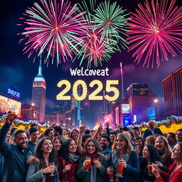 A splendid New Year's Eve celebration scene welcoming 2025, featuring a lively urban environment lit by a magnificent display of colorful fireworks