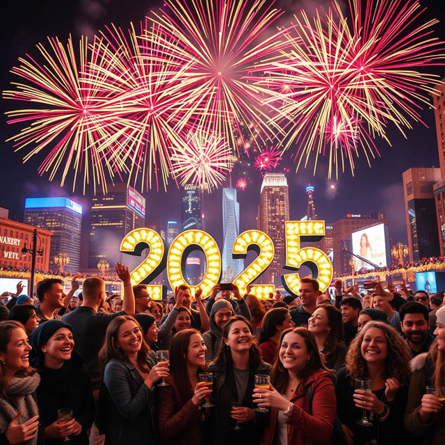 A splendid New Year's Eve celebration scene welcoming 2025, featuring a lively urban environment lit by a magnificent display of colorful fireworks