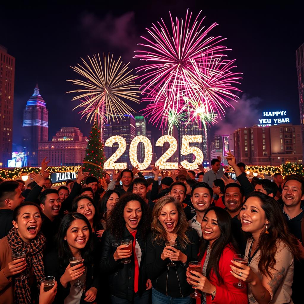 A splendid New Year's Eve celebration scene welcoming 2025, featuring a lively urban environment lit by a magnificent display of colorful fireworks