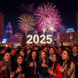 A splendid New Year's Eve celebration scene welcoming 2025, featuring a lively urban environment lit by a magnificent display of colorful fireworks