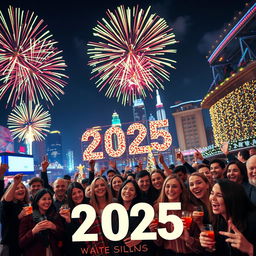 A splendid New Year's Eve celebration scene welcoming 2025, featuring a lively urban environment lit by a magnificent display of colorful fireworks