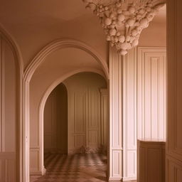 Generate an interior image featuring a beautiful neoclassical design within a room having unique, crooked walls.