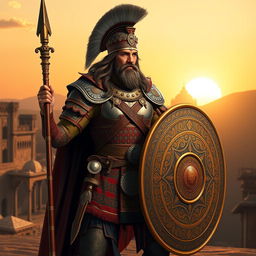 A majestic Achaemenid soldier dressed in intricately detailed armor, featuring elaborate patterns and colors inspired by ancient Persian design
