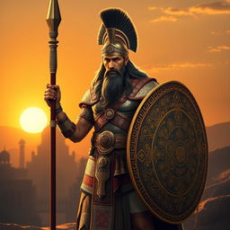 A majestic Achaemenid soldier dressed in intricately detailed armor, featuring elaborate patterns and colors inspired by ancient Persian design