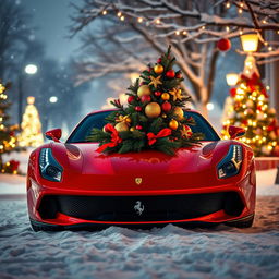 A Ferrari Purosangue parked in a festive winter landscape, decorated with colorful Christmas ornaments and a beautifully adorned Christmas tree placed on the hood